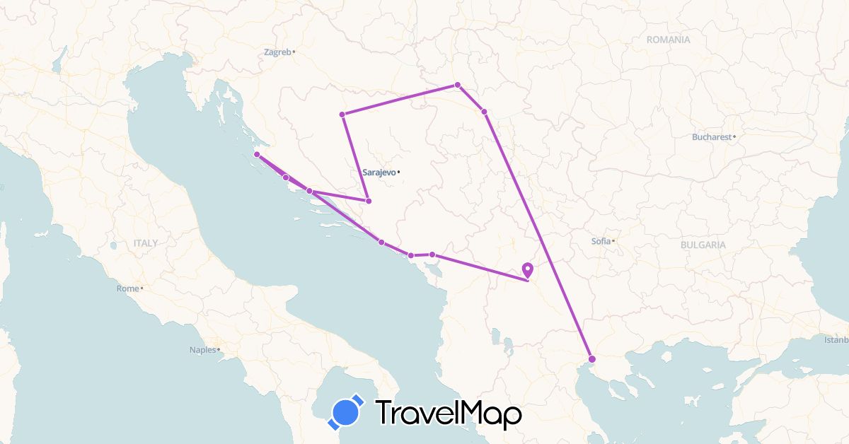 TravelMap itinerary: driving, train in Bosnia and Herzegovina, Greece, Croatia, Montenegro, Macedonia, Serbia (Europe)